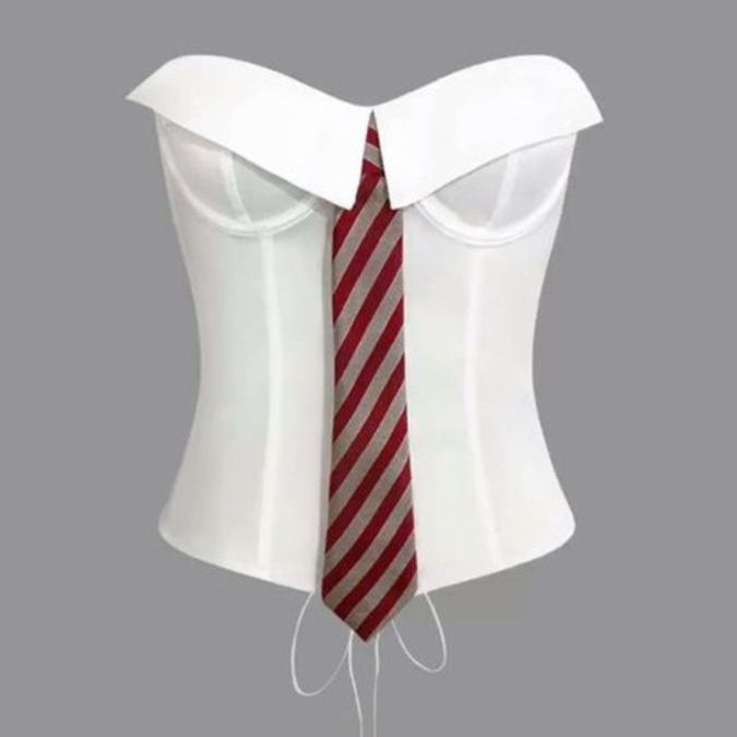 Satin Tie Solid Color Fishbone Lace-up Steel Ring Top