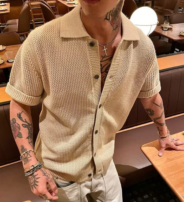 Hollow-out Knitted Short-Sleeve Men's Half-Sleeve T-Shirt