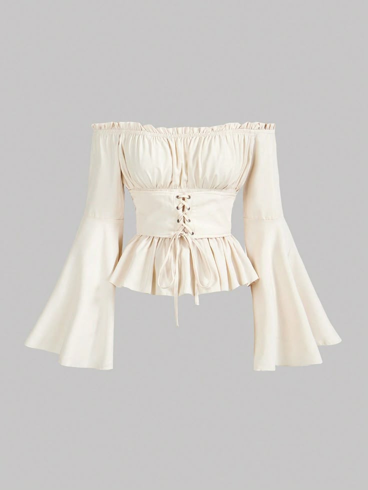 Womens Stylish Solid-Color Off-the-Shoulder Pleated Long-Sleeve Tie-Up Top