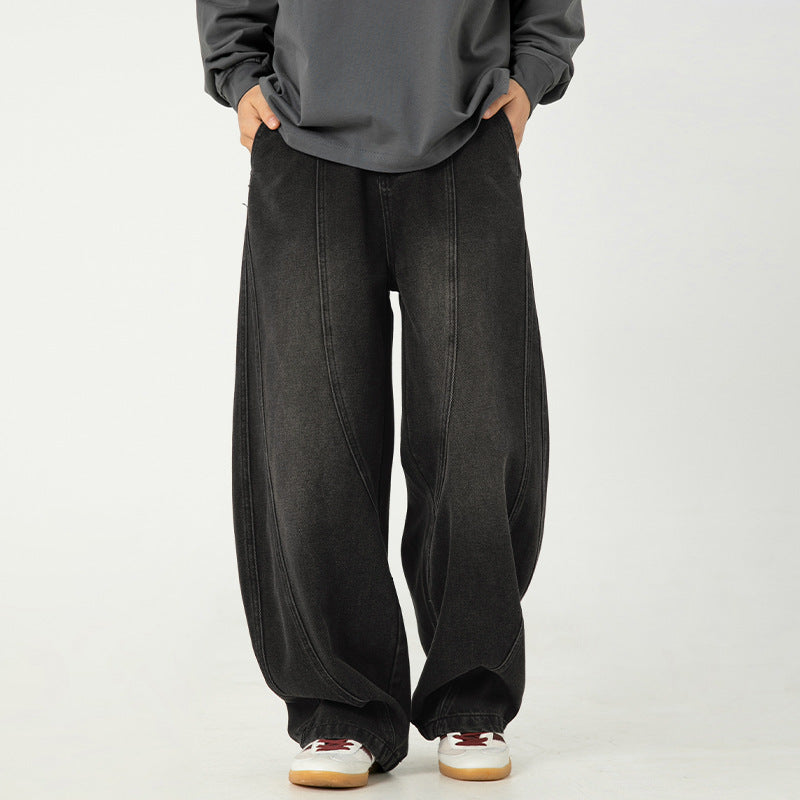 Wide-leg Washed Denim Jeans Mens Loose Casual Pants