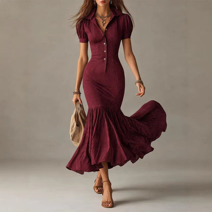 Elegant Casual Short-Sleeve Striped Mermaid Hem Dress, New Arrival