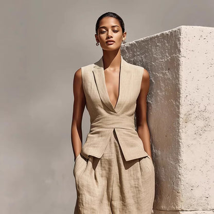 V-neck Sleeveless Tank Top And Casual Long Pants Set For Women