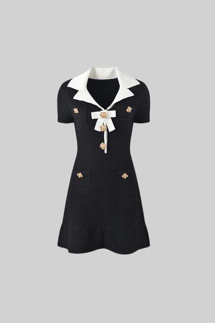 Black And White V-neck Patchwork Diamond Decorations Button Bow Knitted Sheath Dress