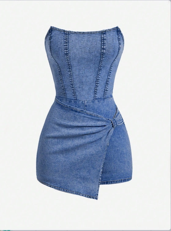 European And American-style Spicy Girl Tube-top Denim Jumpsuit Skirt