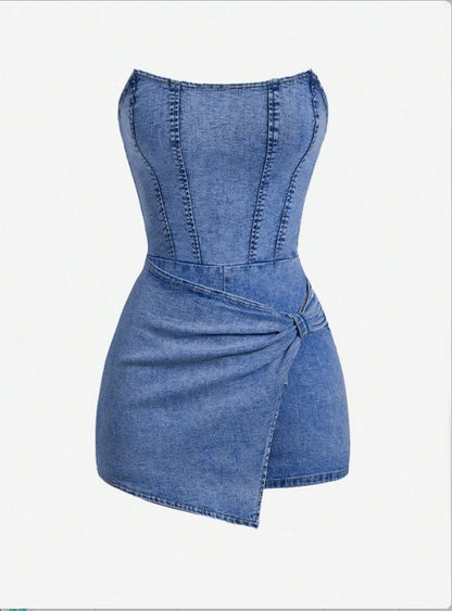 European And American-style Spicy Girl Tube-top Denim Jumpsuit Skirt