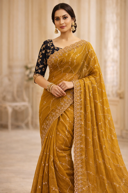 Mustard Regal Georgette Embroidered Saree-0