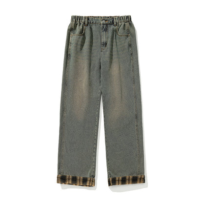 Casual Plaid Stitching Washed Jeans New