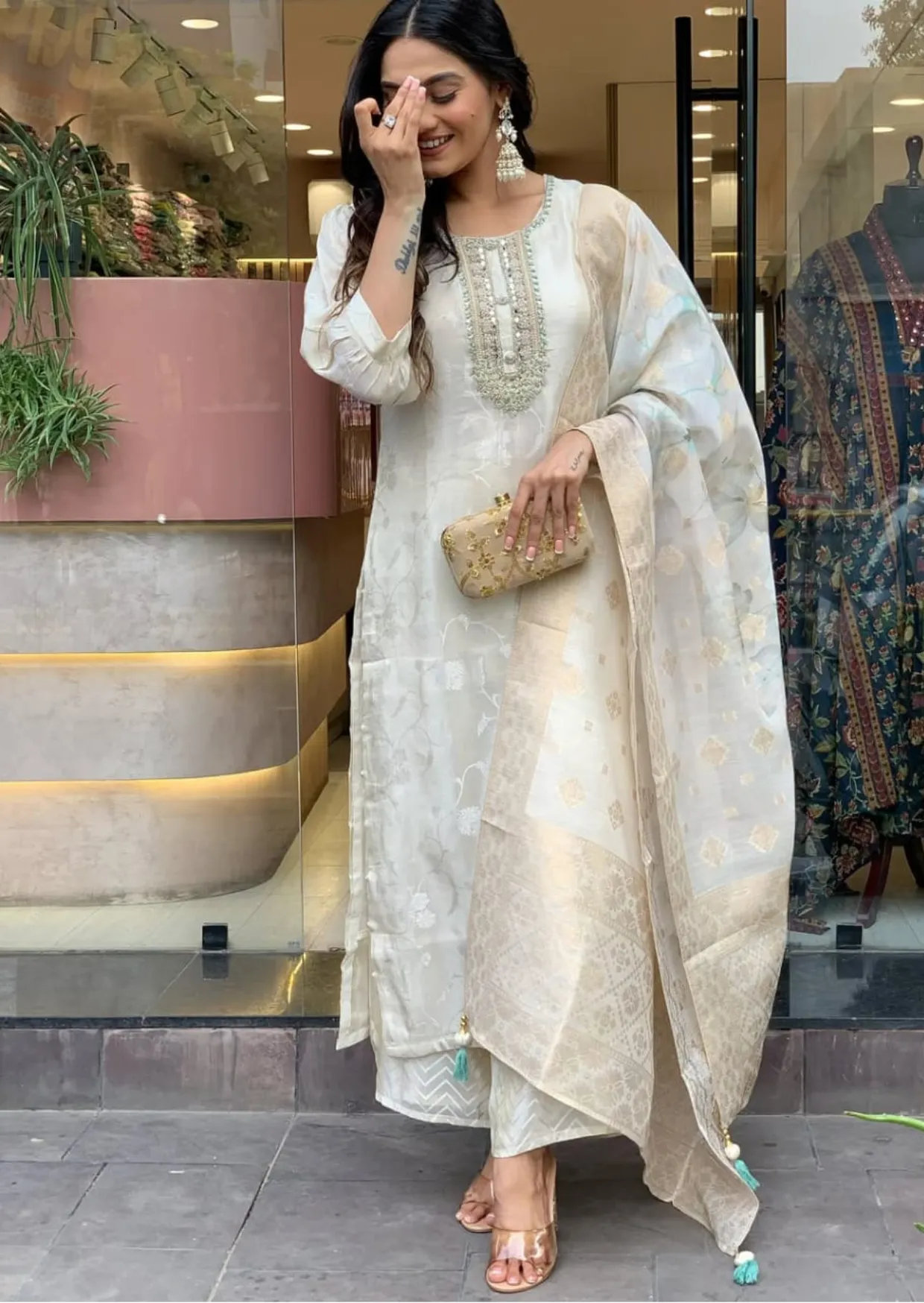 Luxe Russian Silk Jacquard Suit Set with Zari Dupatta-0