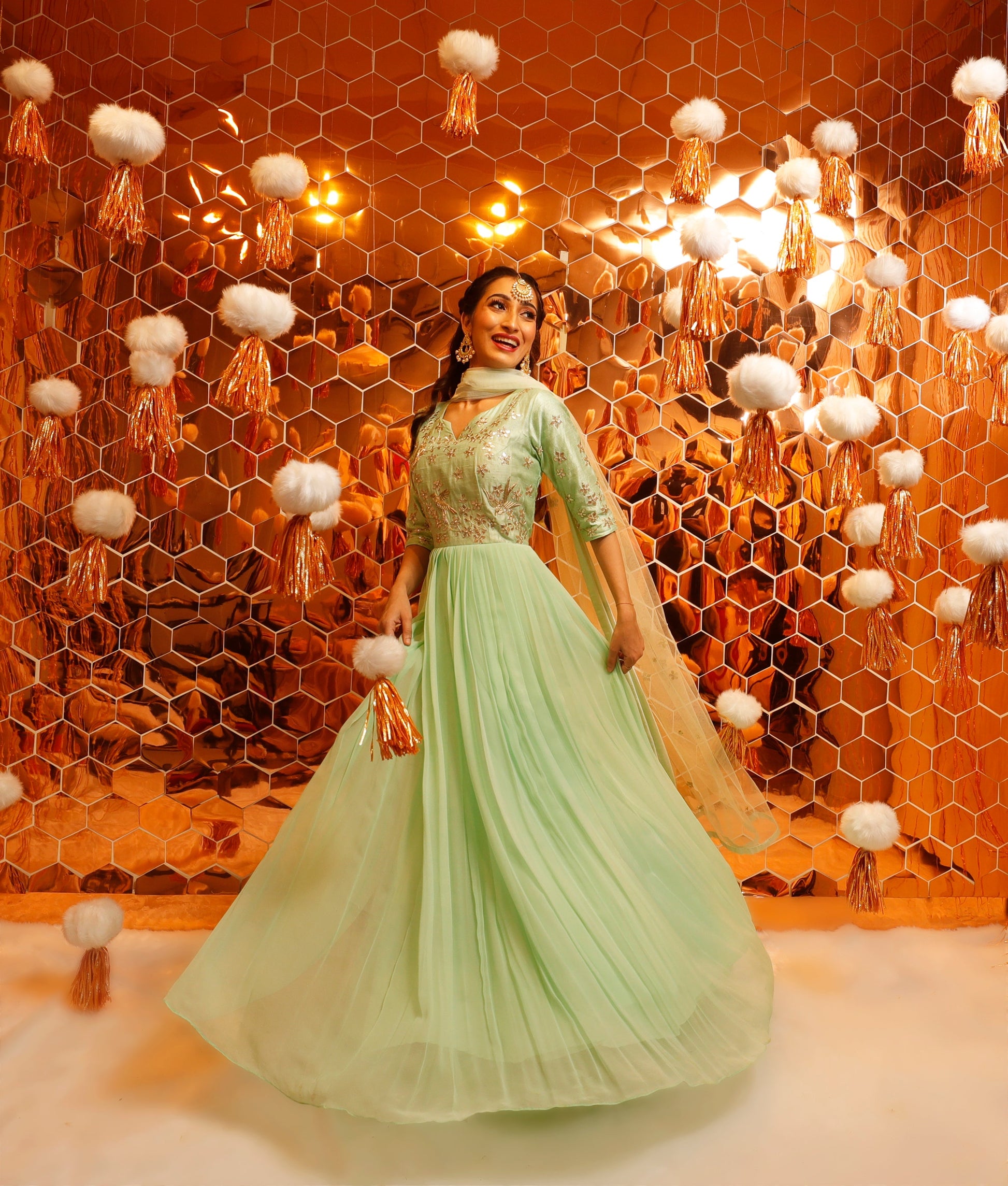 Gota Patti Embroidered Ethnic Dress with Georgette Flair and Net Dupatta-2