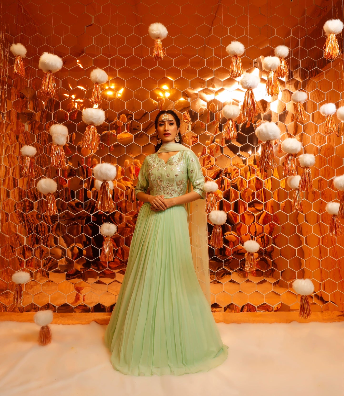 Gota Patti Embroidered Ethnic Dress with Georgette Flair and Net Dupatta-0