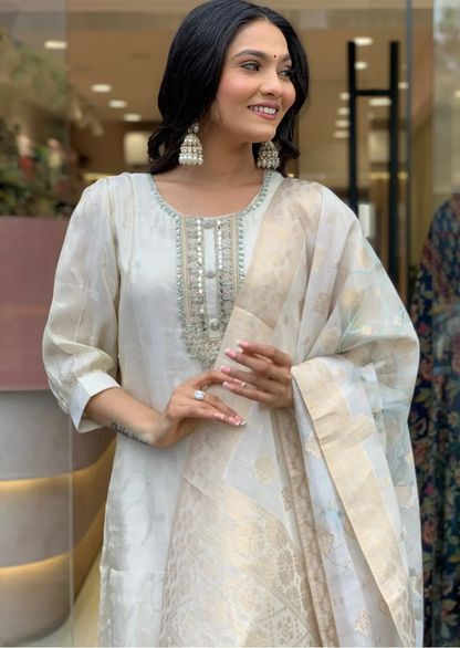 Luxe Russian Silk Jacquard Suit Set with Zari Dupatta-2