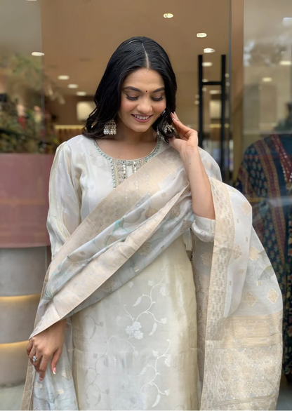 Luxe Russian Silk Jacquard Suit Set with Zari Dupatta-3