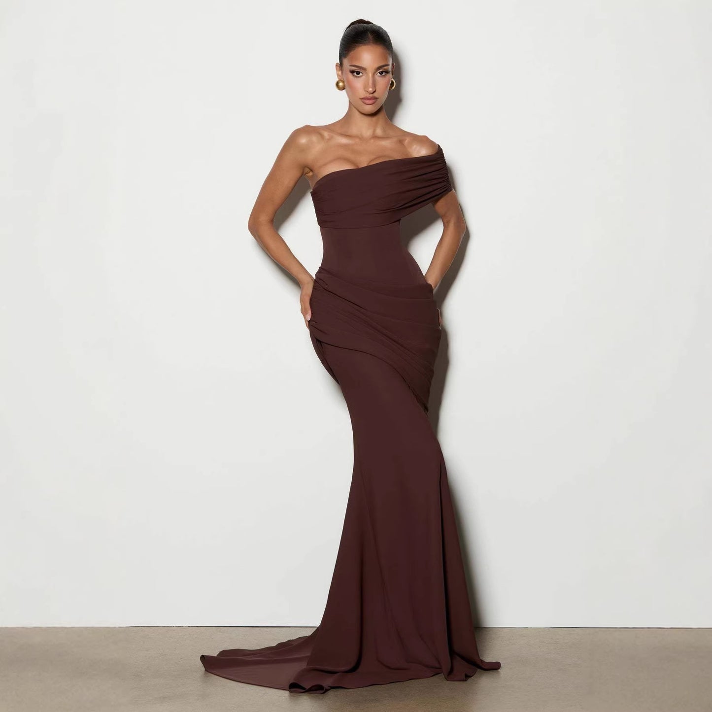 Off-shoulder Strapless One-shoulder Patchwork Pleated Maxi Dress