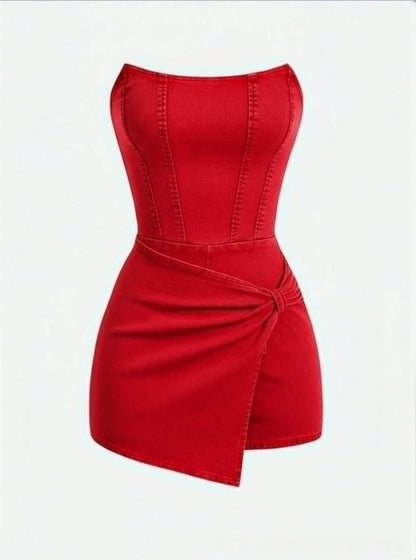 European And American-style Spicy Girl Tube-top Denim Jumpsuit Skirt