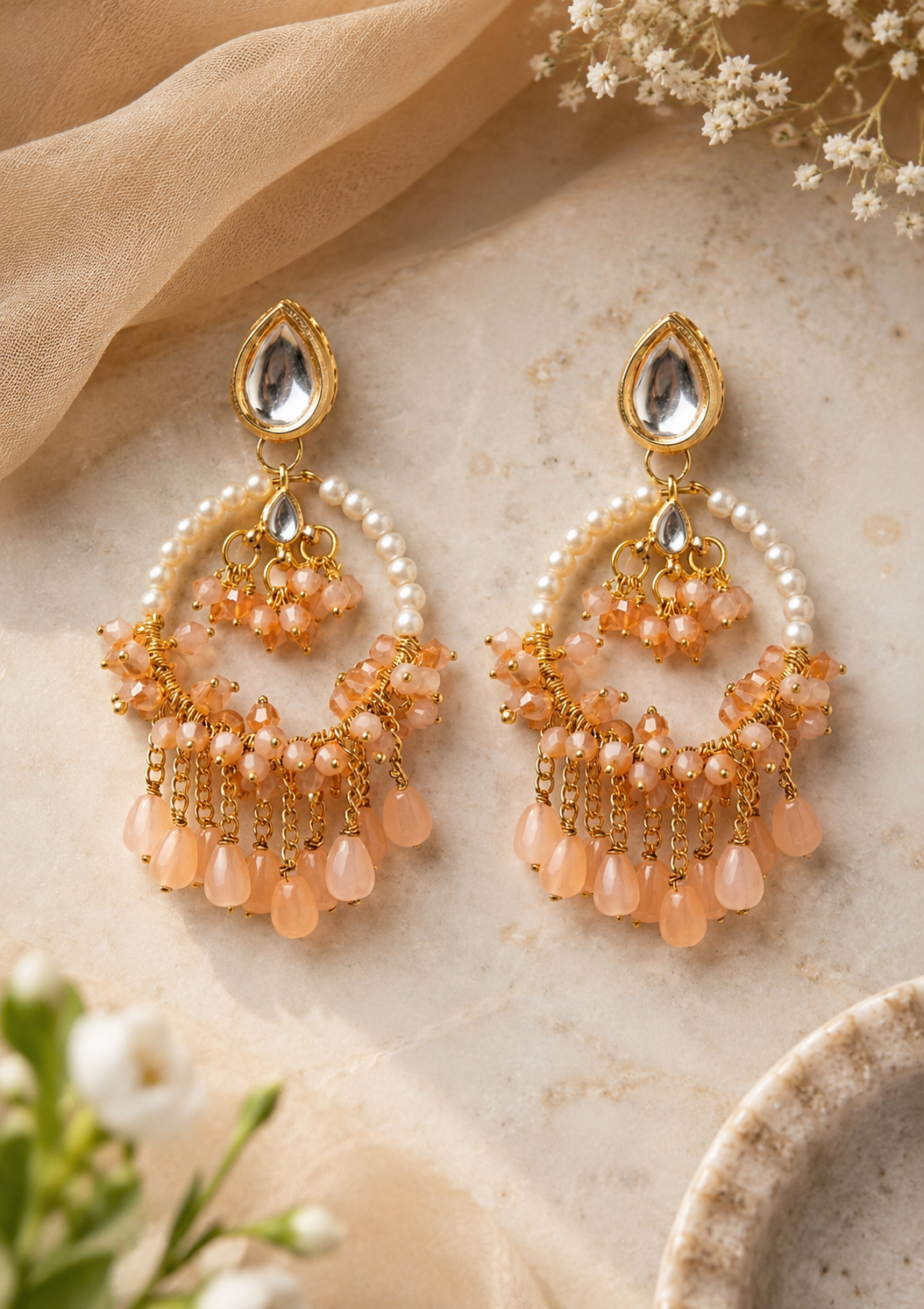 Peach Pearl Kundan Chandbali Earrings-0