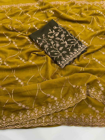 Mustard Regal Georgette Embroidered Saree-1