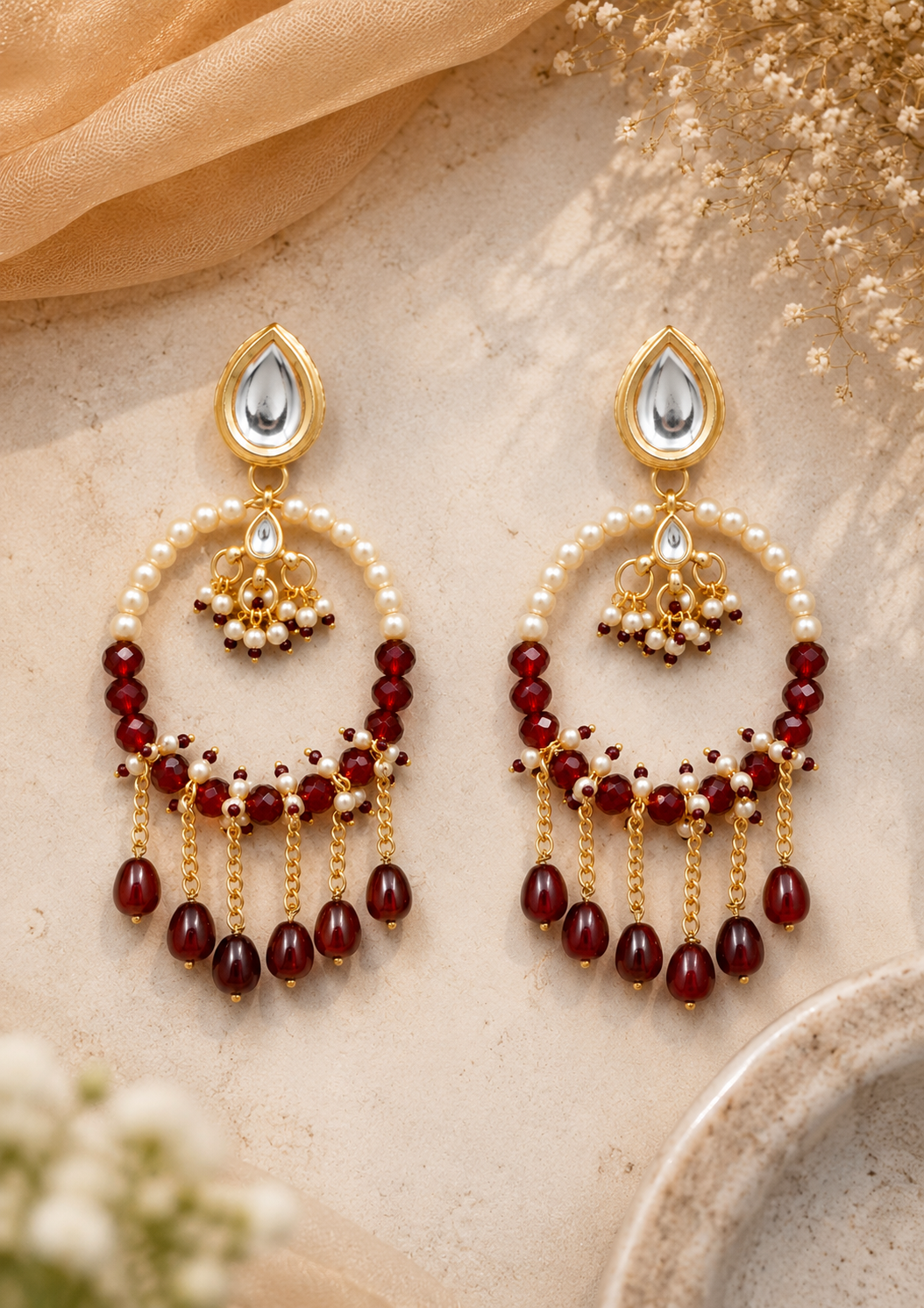 Ruby Red Pearl Chandbali Earrings-0
