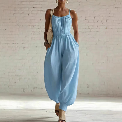 Womens Sleeveless Cotton-Linen Blend Jumpsuit