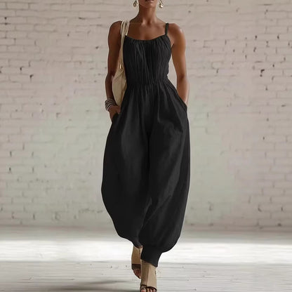 Womens Sleeveless Cotton-Linen Blend Jumpsuit