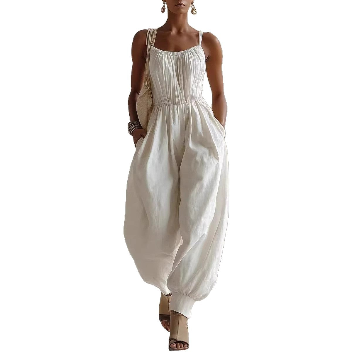 Womens Sleeveless Cotton-Linen Blend Jumpsuit