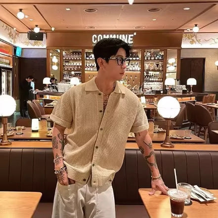 Hollow-out Knitted Short-Sleeve Men's Half-Sleeve T-Shirt