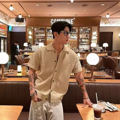 Hollow-out Knitted Short-Sleeve Men's Half-Sleeve T-Shirt