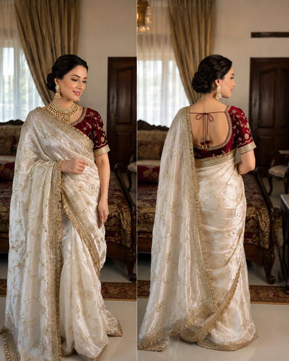 Madhubala Ivory Saree with Stitched Blouse-2