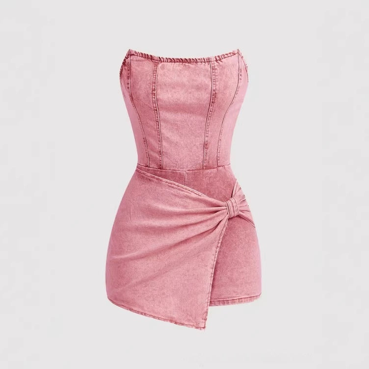 European And American-style Spicy Girl Tube-top Denim Jumpsuit Skirt
