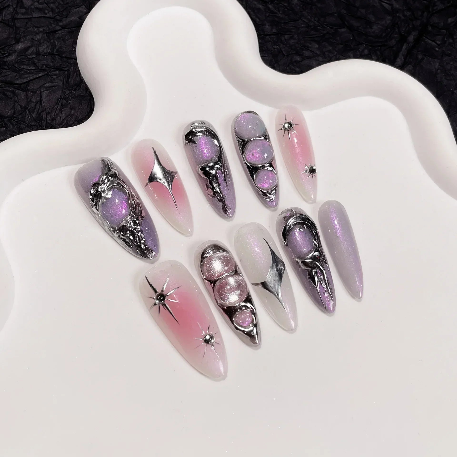 Black Handmade Press On Nails-10
