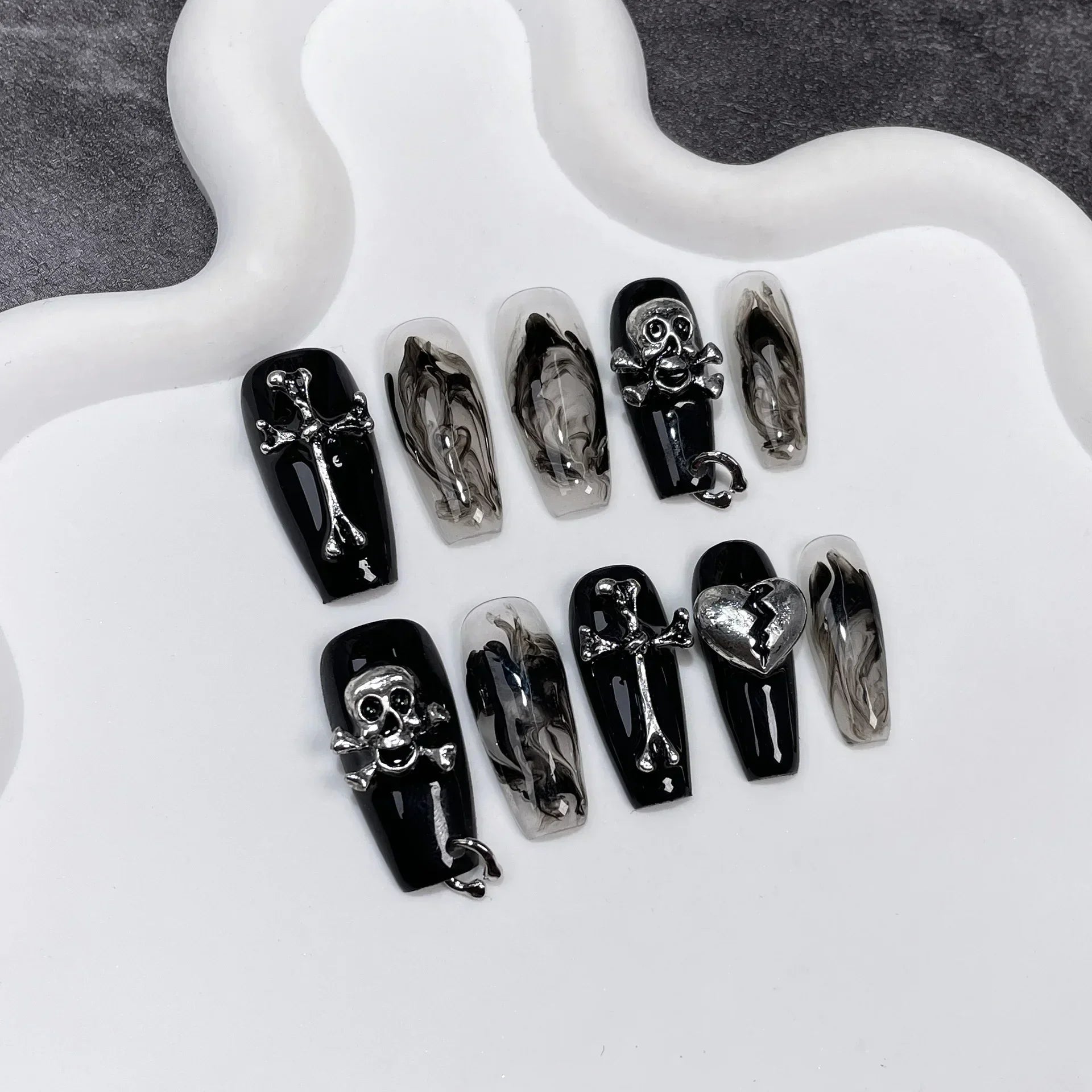 Black Handmade Press On Nails-13
