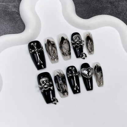 Black Handmade Press On Nails-13