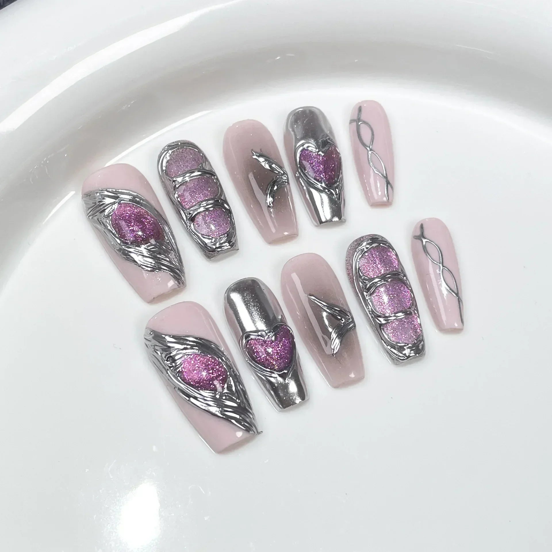Black Handmade Press On Nails-16