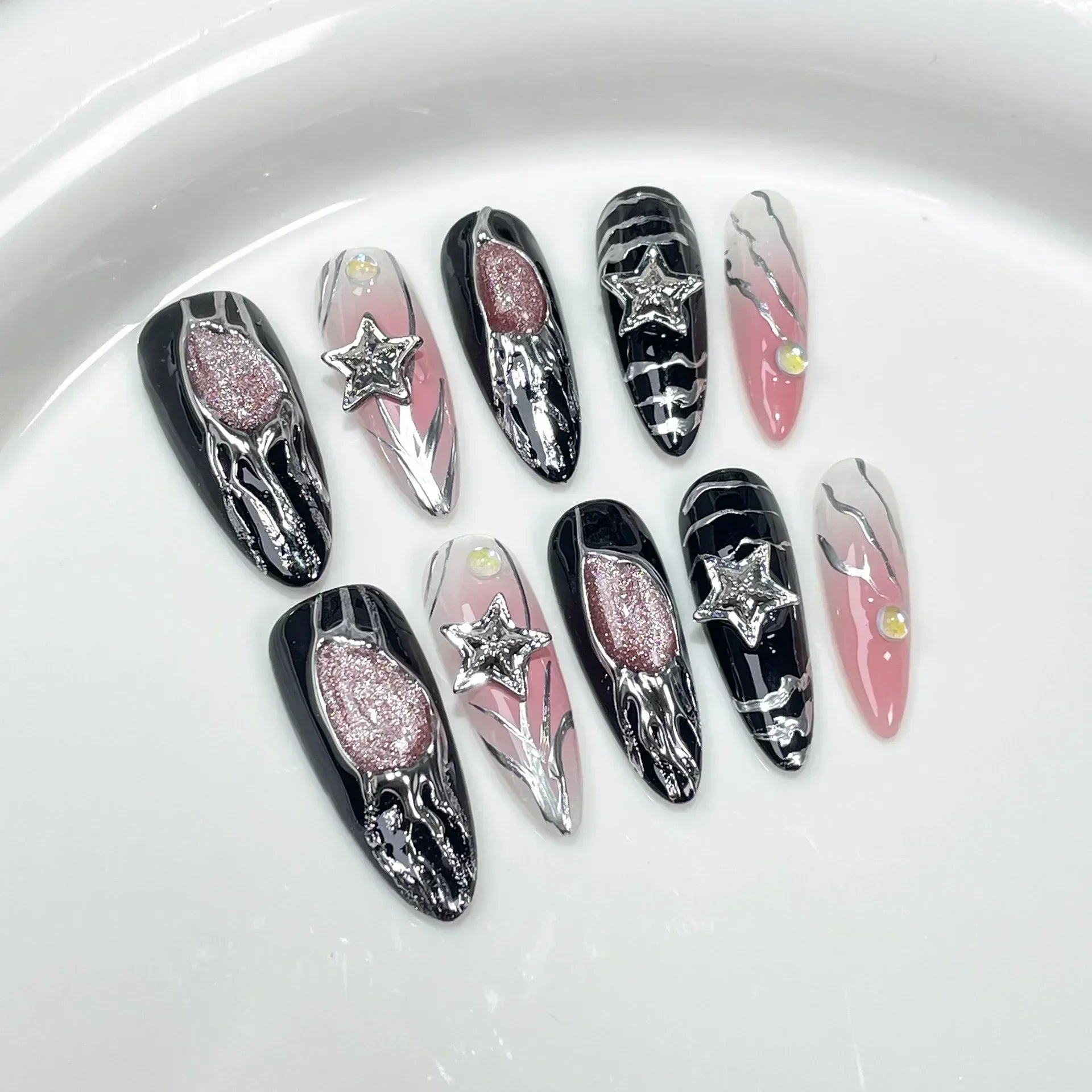 Black Handmade Press On Nails-17