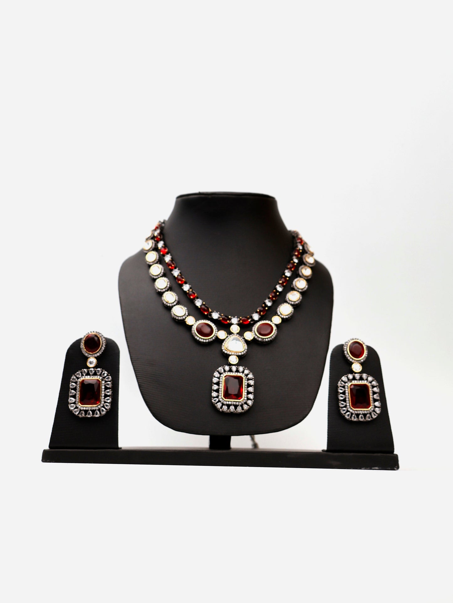 Red Garnet Stone and Kundan work Reverse AD Two Layer Necklace Set