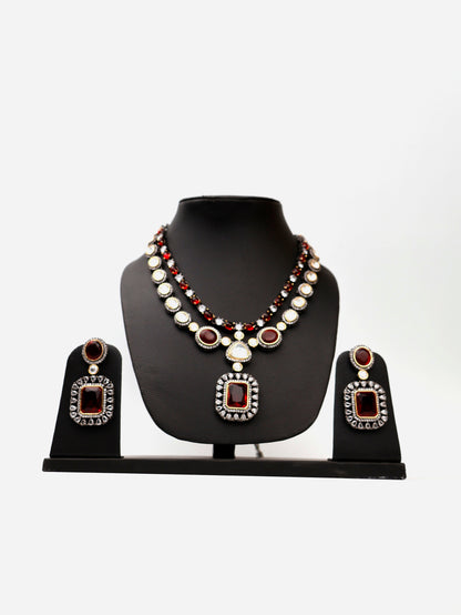 Red Garnet Stone and Kundan work Reverse AD Two Layer Necklace Set