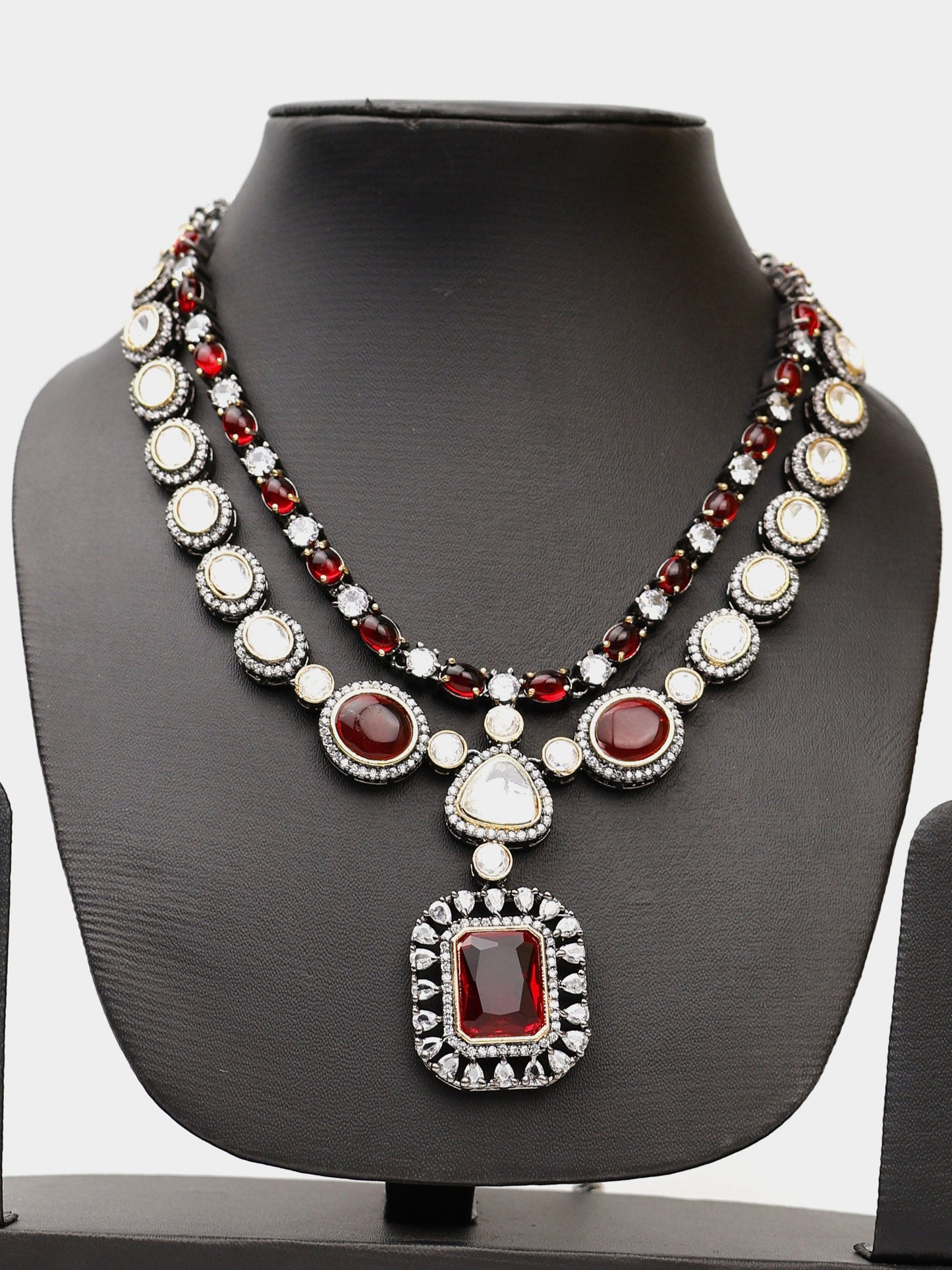 Red Garnet Stone and Kundan work Reverse AD Two Layer Necklace Set