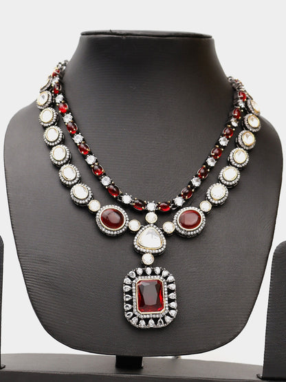 Red Garnet Stone and Kundan work Reverse AD Two Layer Necklace Set