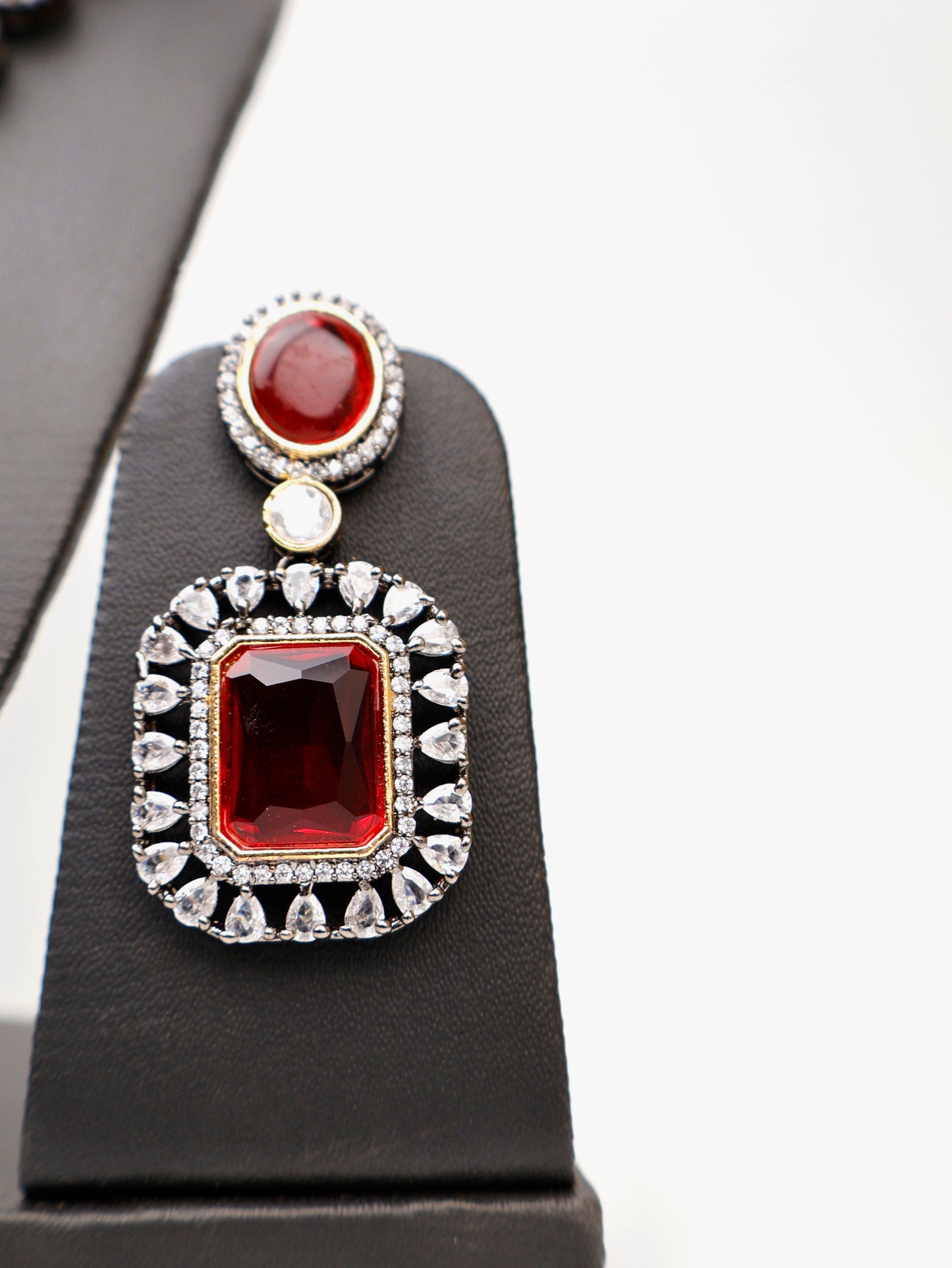 Red Garnet Stone and Kundan work Reverse AD Two Layer Necklace Set