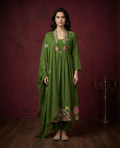 Olive Green Floral Embroidered Anarkali Kurta with Pants Set | Sequin & Embroidery Work