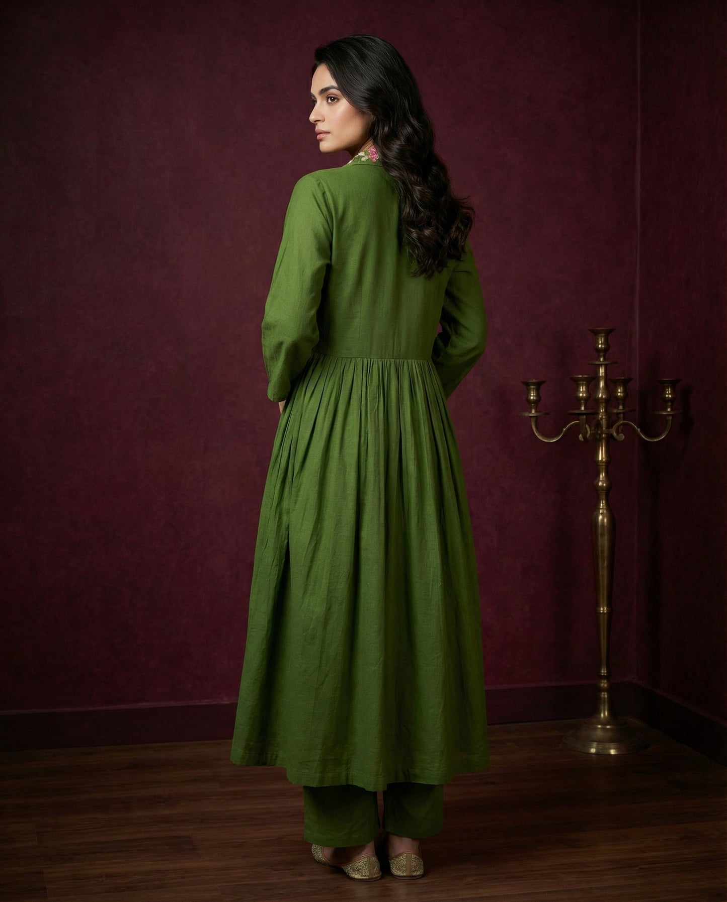 Olive Green Floral Embroidered Anarkali Kurta with Pants Set | Sequin & Embroidery Work-1
