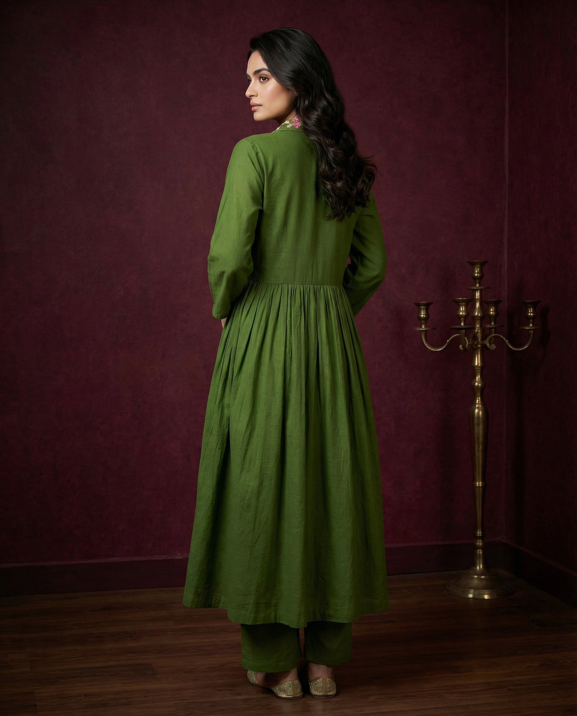 Olive Green Floral Embroidered Anarkali Kurta with Pants Set | Sequin & Embroidery Work-1