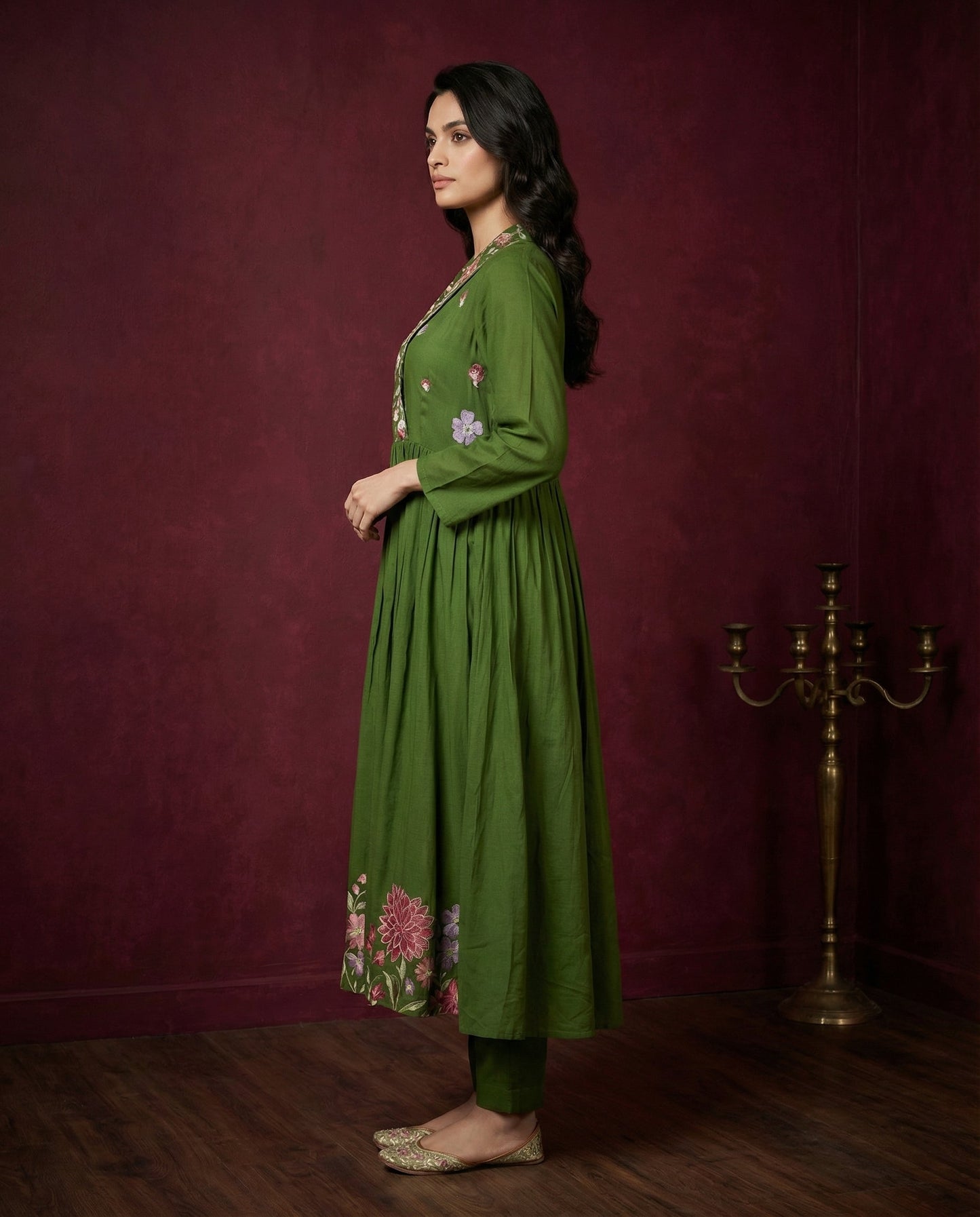 Olive Green Floral Embroidered Anarkali Kurta with Pants Set | Sequin & Embroidery Work-2