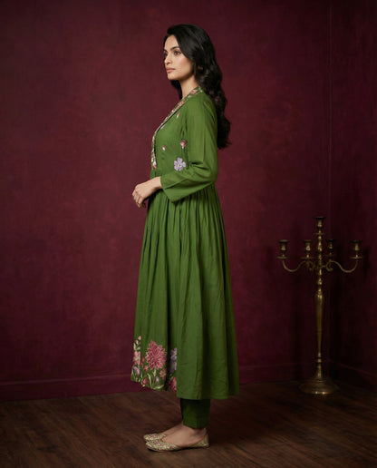 Olive Green Floral Embroidered Anarkali Kurta with Pants Set | Sequin & Embroidery Work-2