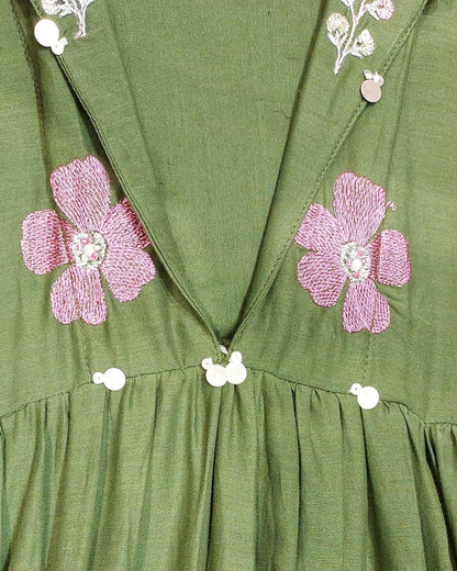 Olive Green Floral Embroidered Anarkali Kurta with Pants Set | Sequin & Embroidery Work-3
