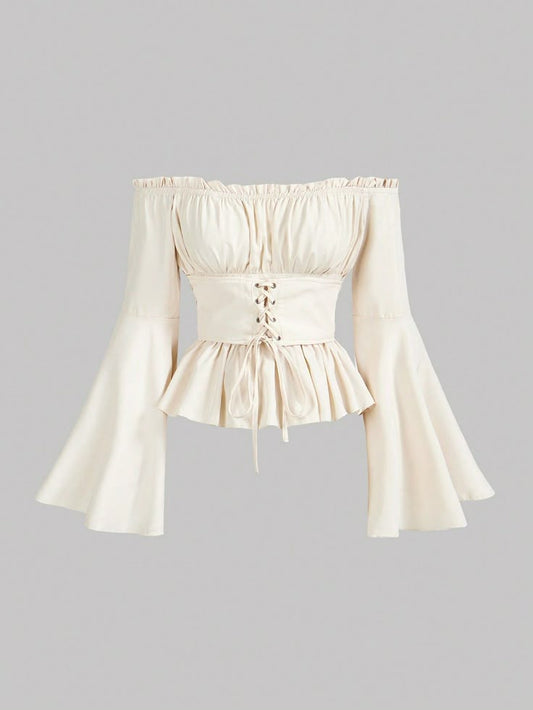 Womens Stylish Solid-Color Off-the-Shoulder Pleated Long-Sleeve Tie-Up Top