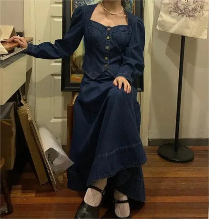 A denim top and long skirt set offers a timeless blend of effortless style and coordinated elegance. The structured denim top adds a flattering, tailored touch, while the flowing long skirt brings movement and grace, creating