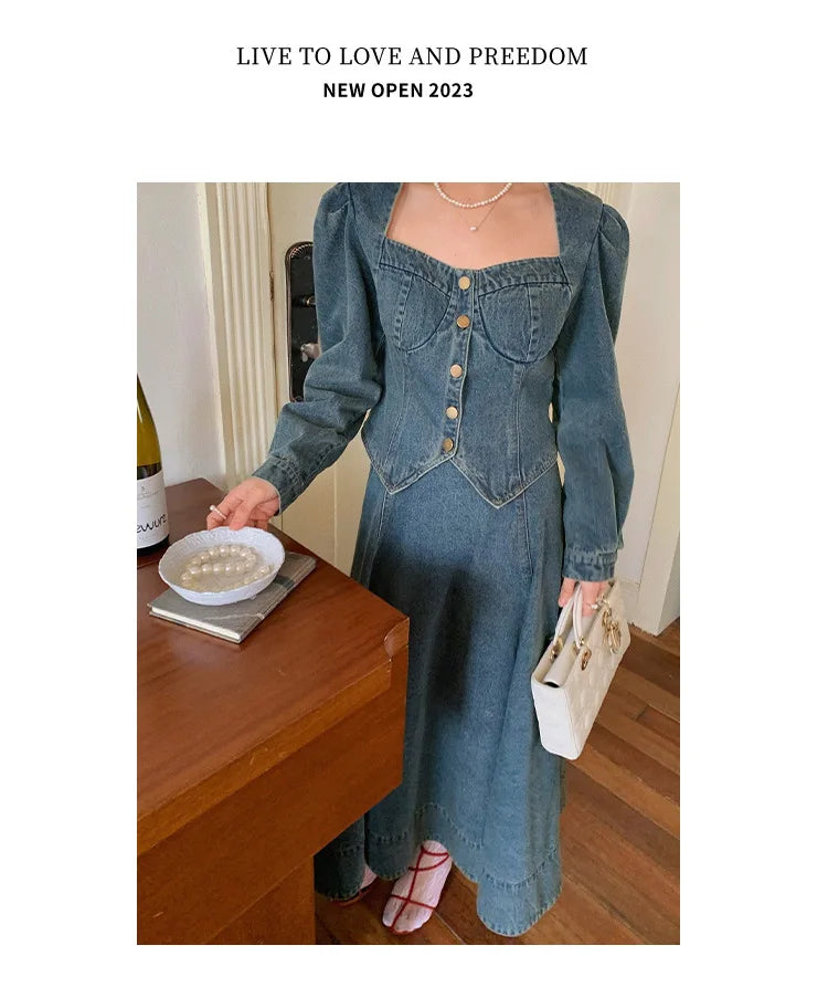 A denim top and long skirt set offers a timeless blend of effortless style and coordinated elegance. The structured denim top adds a flattering, tailored touch, while the flowing long skirt brings movement and grace, creating