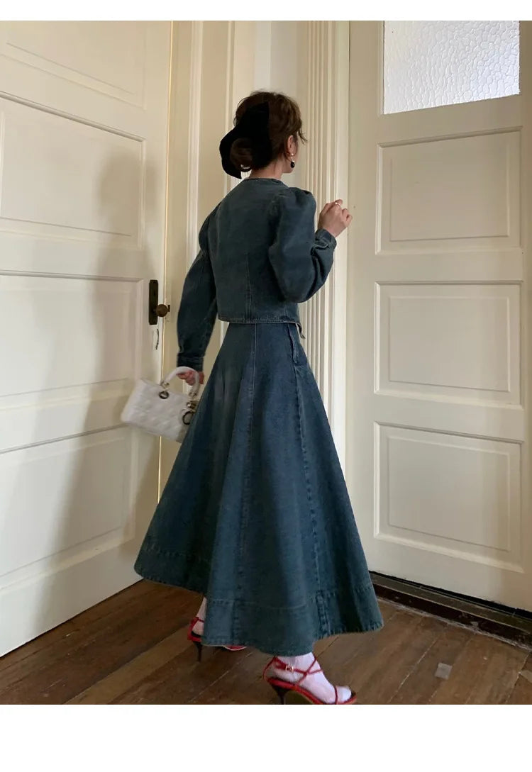 A denim top and long skirt set offers a timeless blend of effortless style and coordinated elegance. The structured denim top adds a flattering, tailored touch, while the flowing long skirt brings movement and grace, creating