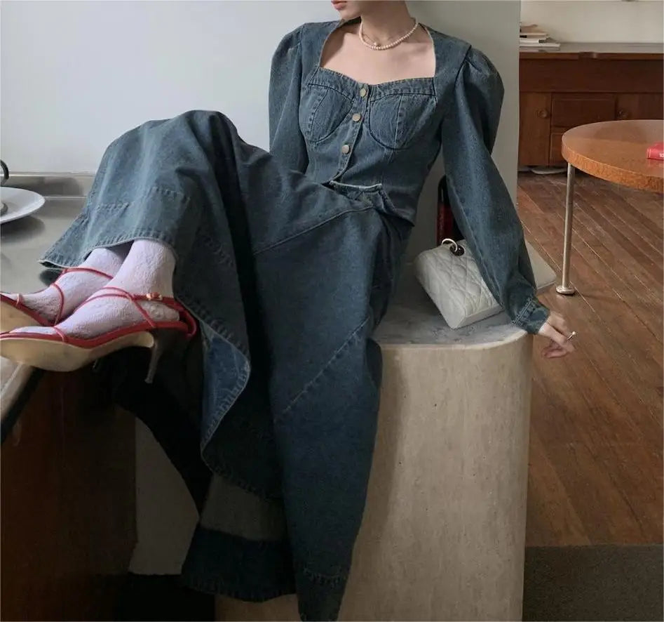 A denim top and long skirt set offers a timeless blend of effortless style and coordinated elegance. The structured denim top adds a flattering, tailored touch, while the flowing long skirt brings movement and grace, creating