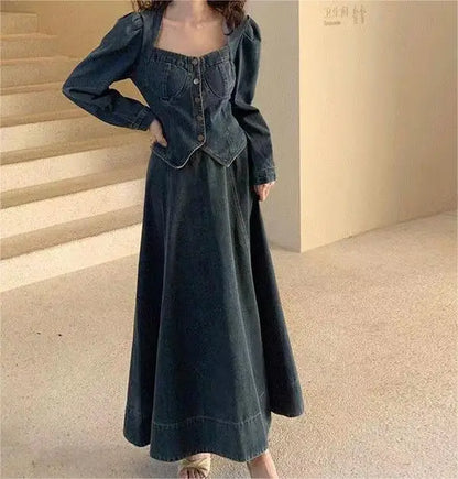 A denim top and long skirt set offers a timeless blend of effortless style and coordinated elegance. The structured denim top adds a flattering, tailored touch, while the flowing long skirt brings movement and grace, creating